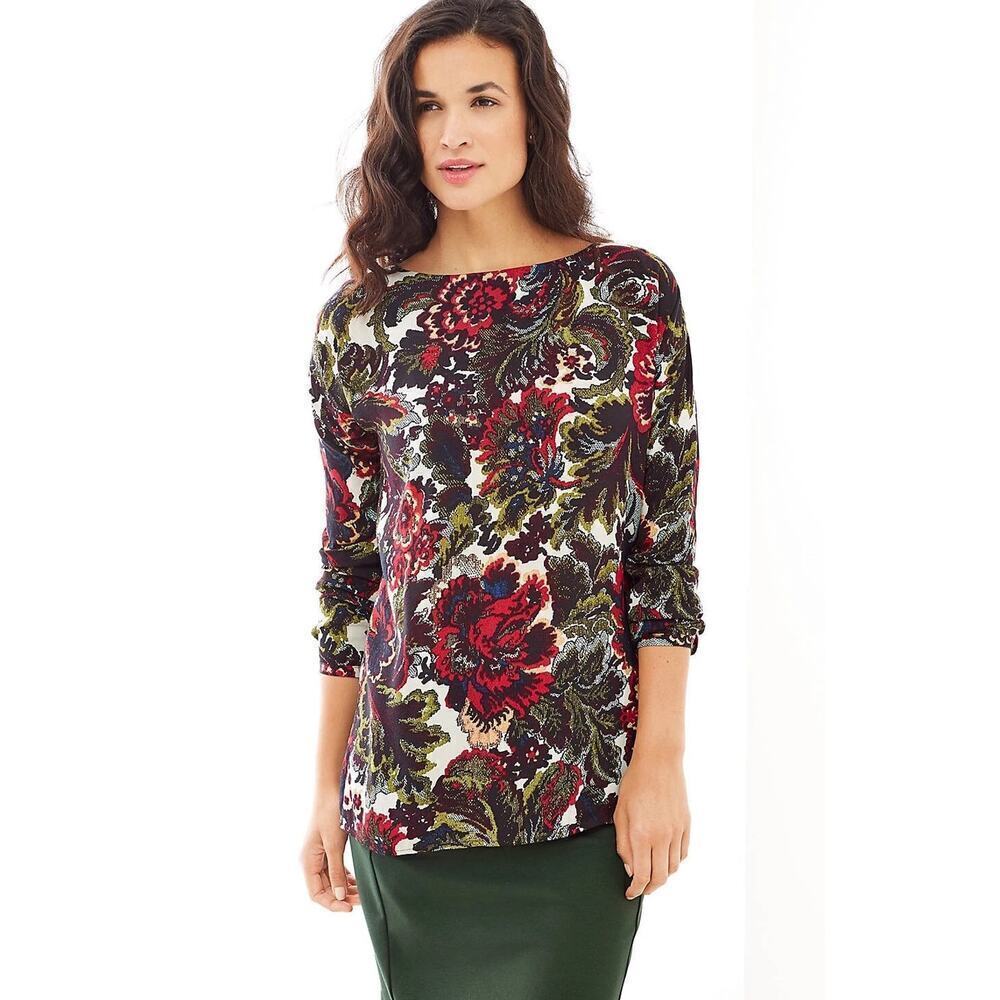 J. Jill Size XS Petite Floral Print Boat Neck Long Sleeve Blouse Top